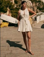 Sezane Solitta White Floral Eyelet Sleeveless Belted Dress, Size 46 | 14