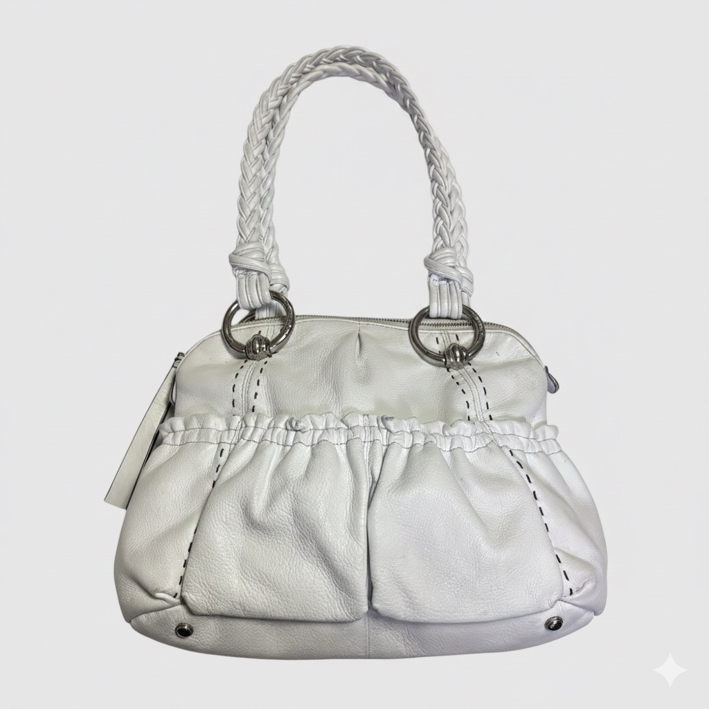 B. Makowsky White Slouchy Leather Braided Handle Shoulder Bag Hobo Purse Handbag