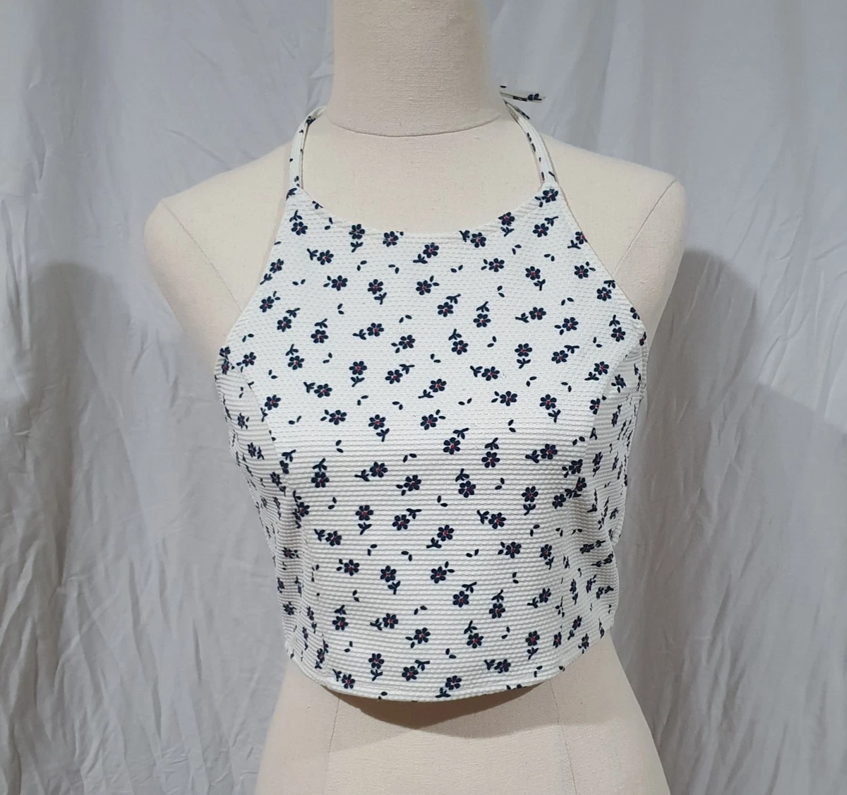 Sportsgirl XS Crop Spaghetti Strap Halter Top, White + Black Flowers, Zip Back