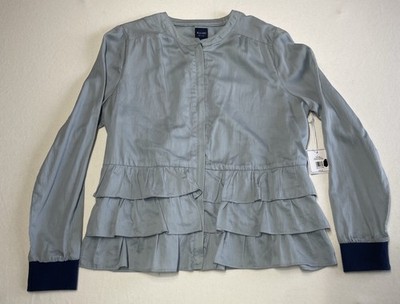 Kaari Blue Planet Nordic Bloom Long Sleeve Zip Jacket L Ribbed Cuff Ruffle NWT