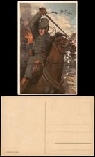 Signierte Künstlerkarte Militär: Reiter mit Schwert zu Pferde 1920