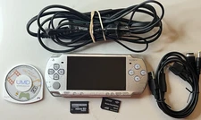 Silver PSP 2001 w/ Battery, USB & Wall Cords, 4GB Card, SD Card Adapter ✅ TESTED