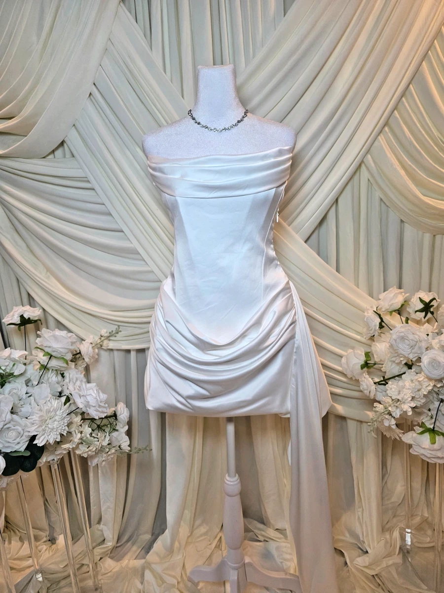 blue and white short wedding dress White Short Wedding Dress with Light Blue Sash