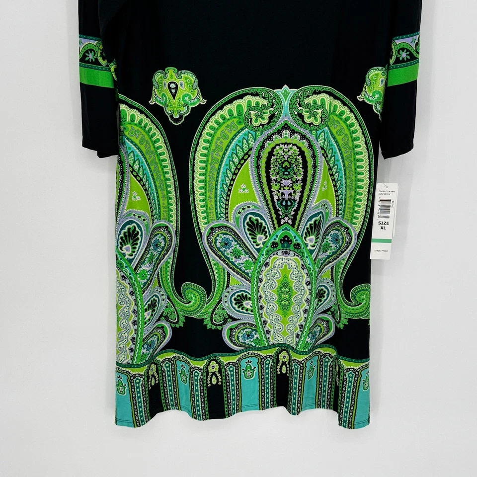 Nuevo vestido recto Tiana B negro estampado cachemir manga 3/4 hasta la rodilla para mujer XL Foto 3 de 4