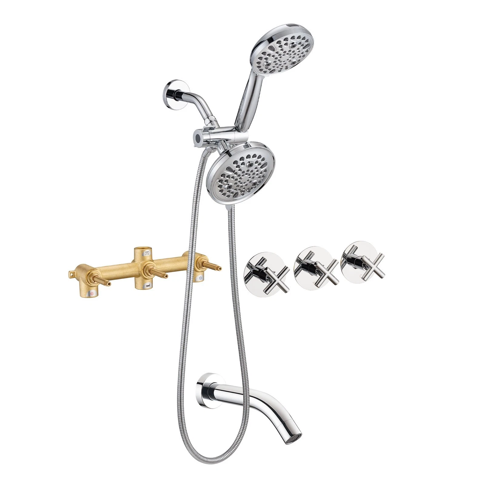 3 Handle Tub Shower Faucet Set, Dual shower head Combo with Rough-in Valve