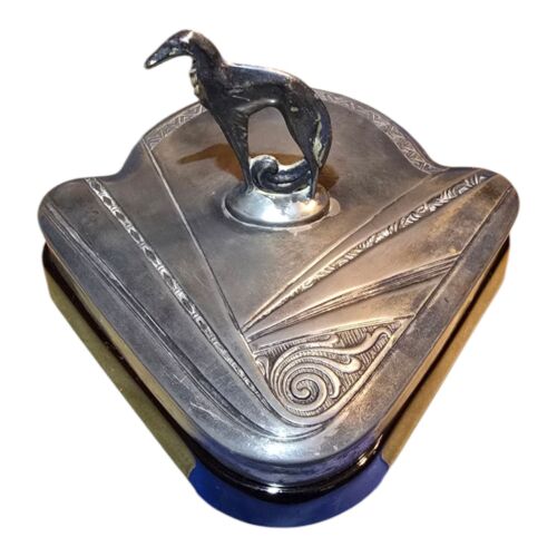 1930's Art Deco Borzoi Dog Black Amethyst Glass Silverplate Trinket Dish Dresser - Picture 3 of 17