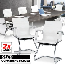 [PAIR SET]White Leather Office Guest Chair Meeting Room Reception Seat w/Armrest