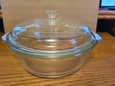Vintage Anchor Hocking Clear Glass Round 2 Qt Baking Cassserole Dish With Lid 
