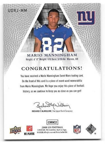2008 Upper Deck Football Rookie Jerseys Material #UDRJ-MM Mario Manningham - Picture 2 of 2