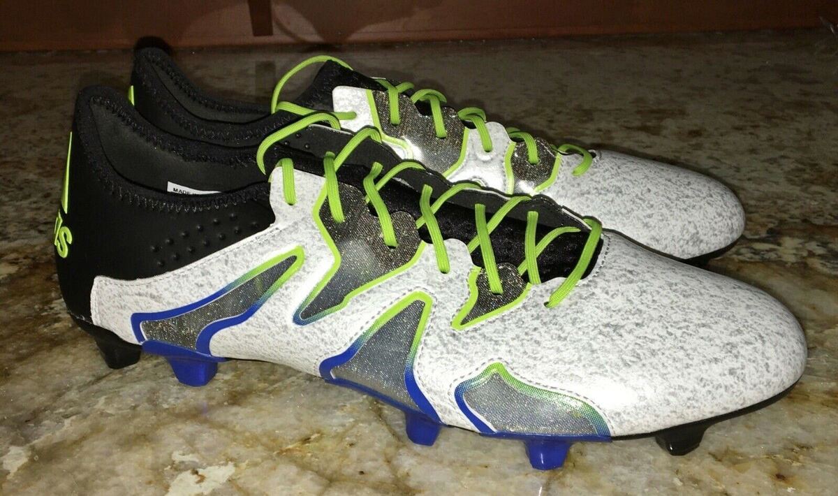 ADIDAS X 15+ SL FG AG White Slime Green Blue Soccer Cleats ADIDAS X 15+ SL FG AG White Slime Green Blue Soccer Cleats