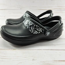 Crocs Mercy Slip Resistant Work Clogs Womens Size 5 Black Silver Floral 10876