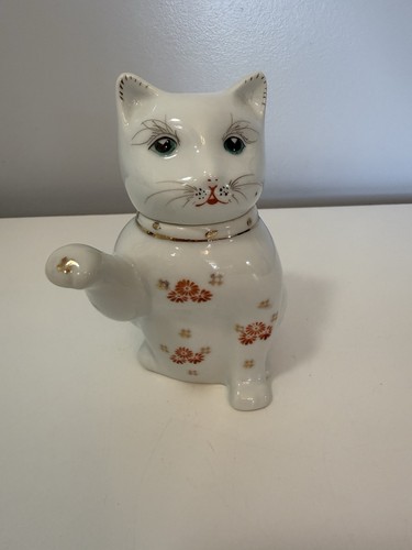Teiera vintage gatto gattino porcellana dipinta a mano 5 1/4” T floreale con occhi azzurri usata in ottime condizioni - Foto 7 di 14
