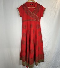 Red Gold Anarkali Kurta Dress XS/S Indian Formal Festive Wear Block Print READ
