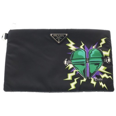 PRADA x FRANKENSTEIN Heart Nylon Bolt Clutch Bag Pouch Black 2NG013 Used c8572e5