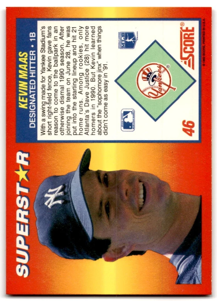 1992 Score 100 Superstars #46 Kevin Maas - Image 2 of 2