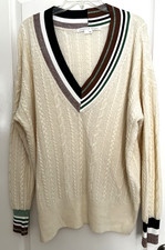 VERONICA BEARD Size L Rory Cabled V Neck Pullover Cream w/ Decorative Ribbing