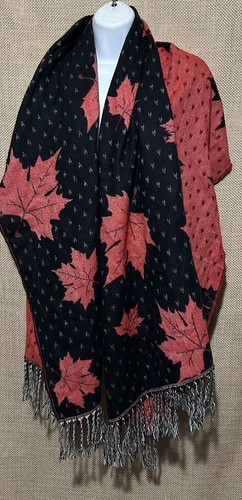 Charlie Bravo Pashmina Wrap Fringed Scarve Red Black Fall Maple Leaf Scarf Shawl - Picture 4 of 10