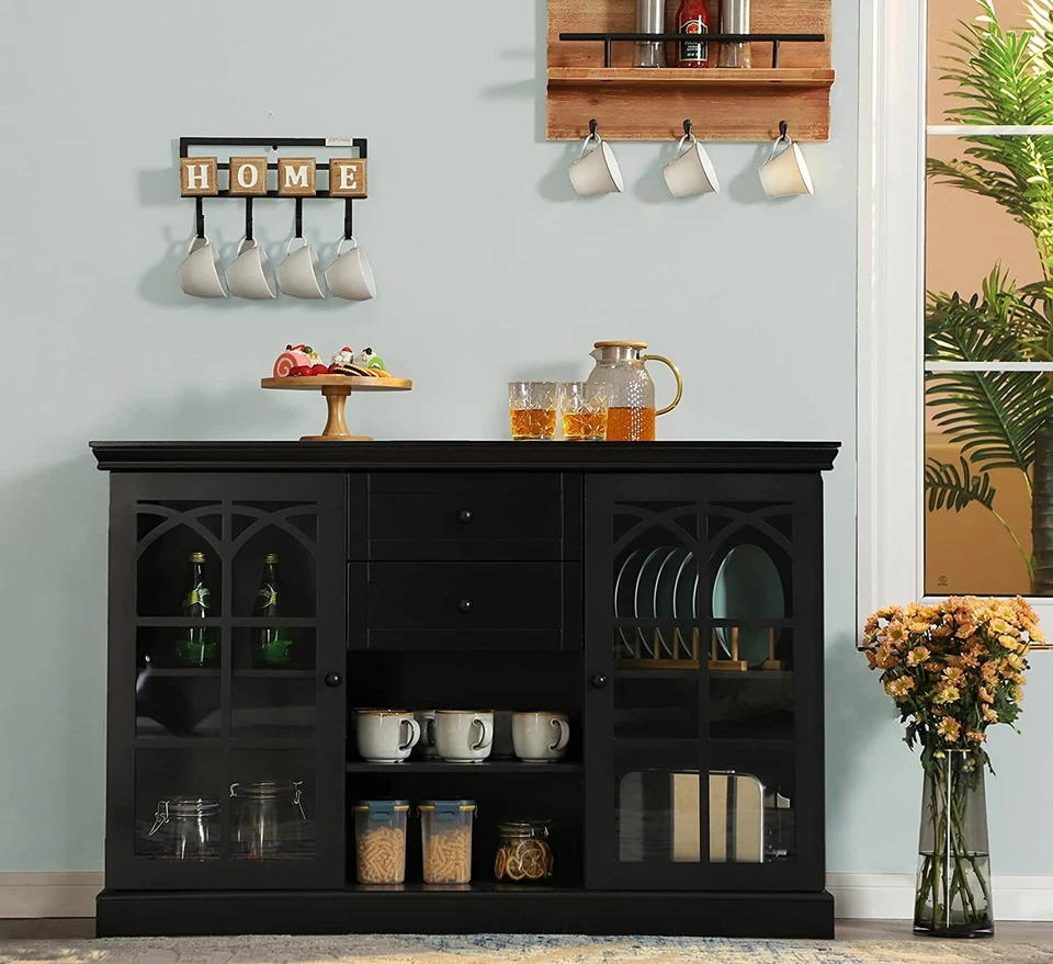 Sideboard Buffet Storage Cabinet with 2 Glass Doors Modern Farmhouse Entryway - Image 2 of 4