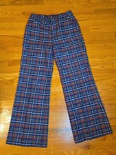 Vtg Levis For Me BIG E Pant Women Blue Red Check Plaid Wide Bell Leg 70s 31" 32"