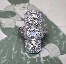 Art Deco Round Lab Created Diamond ThreeStone Wedding 14K White Gold Finish Ring