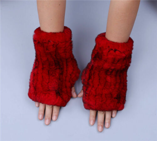 Women Lady Gloves Real Rex Rabbit Fur Mittens Fingerless Wrist Warmer Elastic - Picture 1 of 20