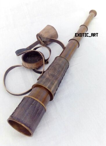 Télescope antique en laiton verre cuir style pirate ~18" casquette et ceinture cadeau - Photo 1/7