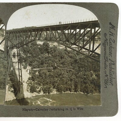 Clifford Calverly Walking Tightwire Stereoview c1887 Niagara Falls River A2303