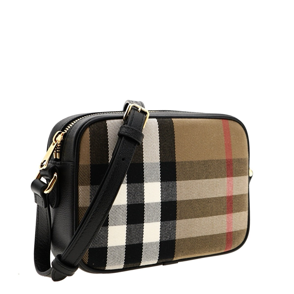Burberry Camera Bag Check Canvas And Black Leather Crossbody