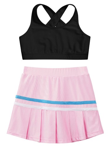 Kids Girls Crop Top With Skirt Cross Back Activewear Summer Sportswear Set Mini - Picture 76 of 83