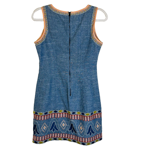 Women’s Linen Blend Chambray Sleeveless Sheath Dress Colorful Embroidery Size SM - Picture 5 of 9