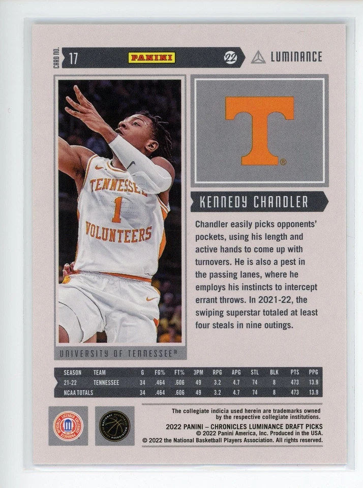 2022-23 Panini Chronicles Draft Picks Luminance Gold #17 Kennedy Chandler /10 - Image 2 of 3