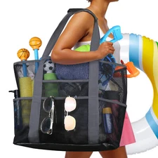 Extra Large Summer Beach Mesh Bag Picnic Tote w/Zipper N 8 Pockets XL 28"x15"x7"