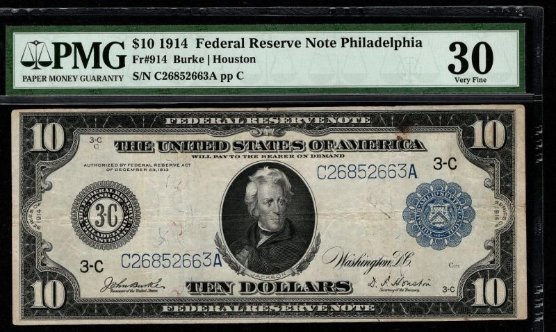 1914 $10 Federal Reserve Note Philadelphia Fr. 914 Burke/Houston PMG 30 (ADJ) - Image 3 of 3