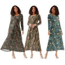 Womens Boho Mushroom Forest Print Dress Lightweight Long Sleeve Tea Length