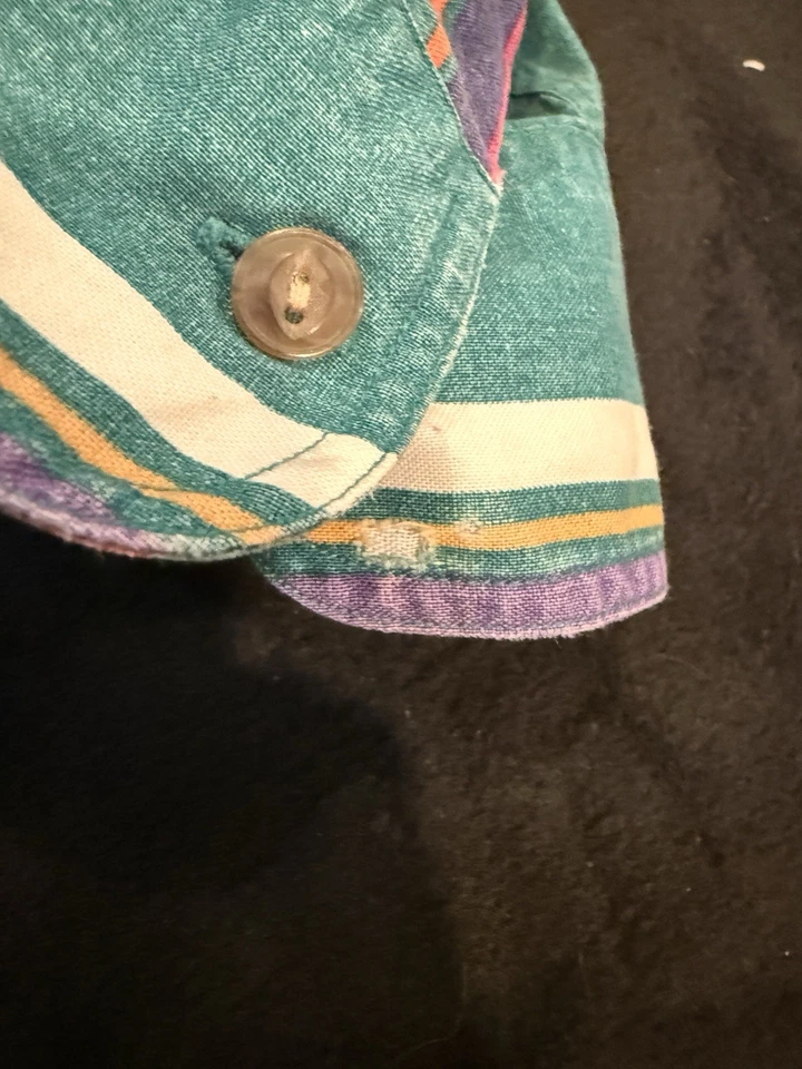 Ralph Lauren Chaps 90s Vintage Shirt Mens Size Large Teal Purple Vertical Stripe - Image 3 of 4