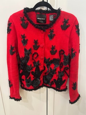Michael Simon NY Vtg 90s Mixed Media Beaded Black Cats Red Cardigan Size Small