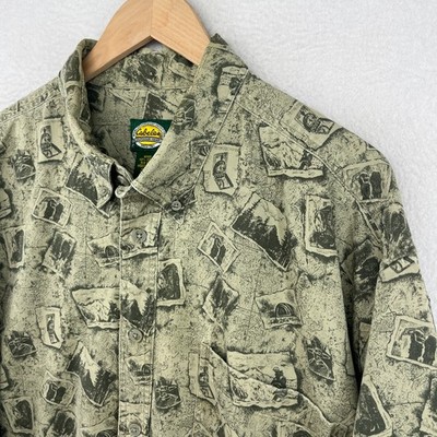 CABELAS Shirt Men XL Button Up Hiking Hunting Camp Scenic Twill AOP Cotton Green