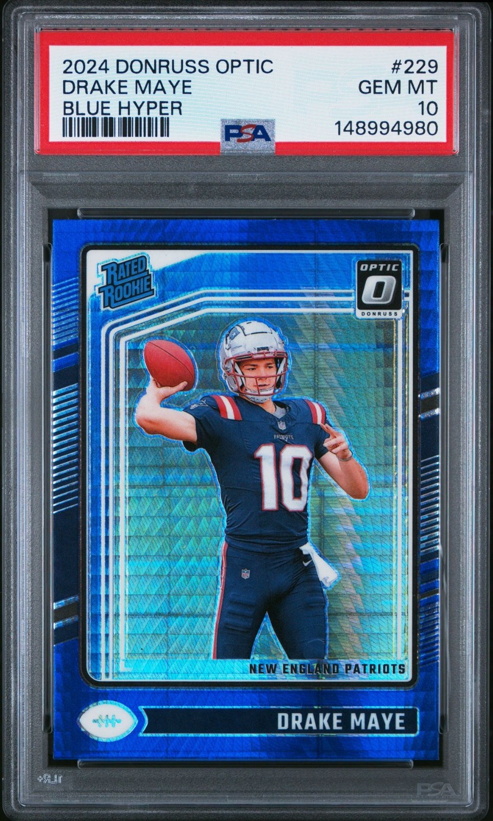 2024 Donruss Optic Drake Maye Rated Rookie Blue Hyper Prizm #229 PSA 10 Gem Mt