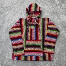Baja Hoodie Mens Large Red Hippie Festival Drug Rug Boho Poncho Made in Mexico