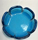 VINTAGE BLENKO TURQUOISE BLUE LOTUS GLASS ASHTRAY PEBBLED BOTTOM TRINKET DISH