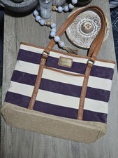 Younique Shoulder Tote Purple & White Striped Brown Leather Trim Shoulder Bag