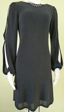 RALPH LAUREN Size 6 Metallic Shimmer Split Long Sleeves A-line Black Dress NEW