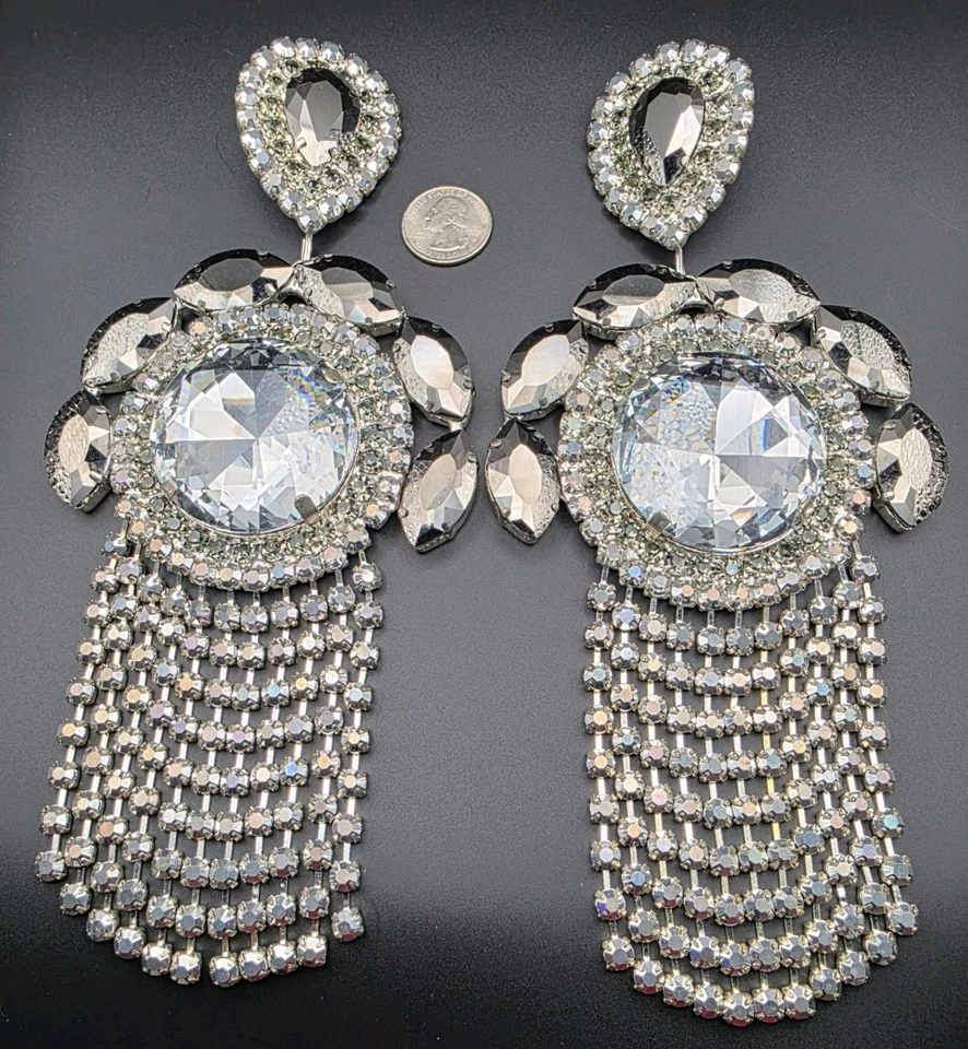 Brincos ENORMES de hematita, cristal e clipe de diamante preto em cachoeira DRAG QUEEN - Imagem 3 de 3