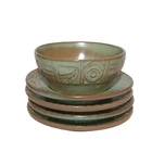 Frankoma Mid-Century Mayan Aztec Prairie Green 4” Bowl & Set of Four 5” Plates