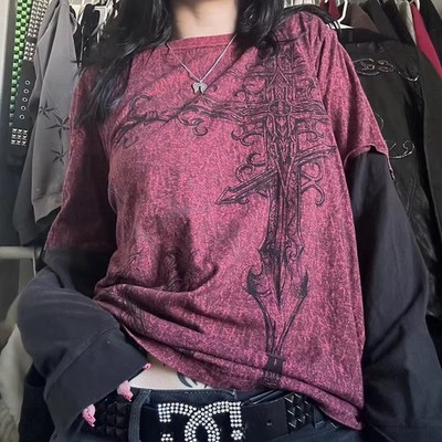 Y2K Grunge Emo Vintage T-shirt 2000s Cross Cyber Goth Patchwork E-girl Gothic sh