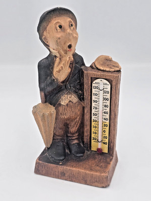 1952 Multi-Prods Inc Man With Umbrella Wooden Thermometer Figure Decor Rare
