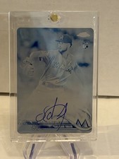 2018 Topps Chrome Sandy Alcantara RC Cyan Blue Printing Plate 1/1 Auto RA-SA