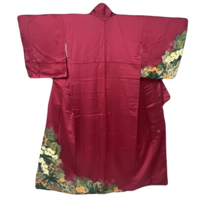 Japanese kimono Hou Mongi ''visit clothes'' SILK, peony, plants, beauty vivid pink