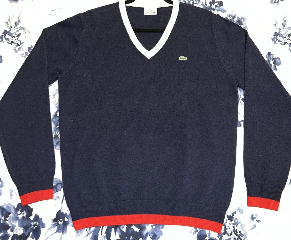 Lacoste Men V Neck 100% Wool Sweater Size 5