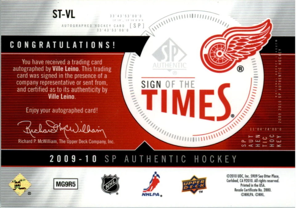 2009-10 SP Authentic Sign of the Times #STVL Ville Leino Auto - NM-MT - Image 2 of 2